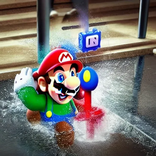 Image similar to super mario emerging from a toilet, soaked in water