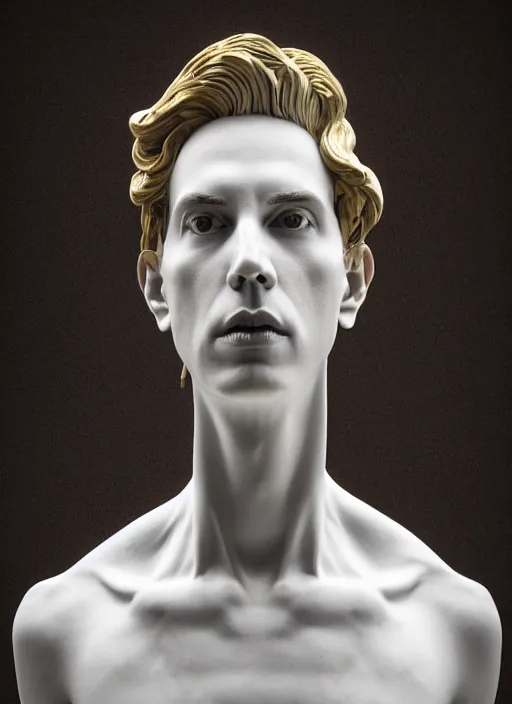 Image similar to a statue made of white marble with gold veins, of john linnell from they might be giants, transhumanism, full body shot, perfect symmetrical body, perfect symmetrical face, hyper realistic, hyper detailed, by johannen voss, by peter kemp, by monia merlo, by michelangelo, octane render, blender, 8 k