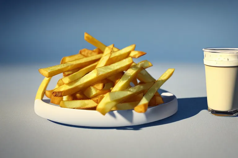 Image similar to best fries, best mayonnaise, best weather, best light, best drink. super realistic 8 k render of a elegant