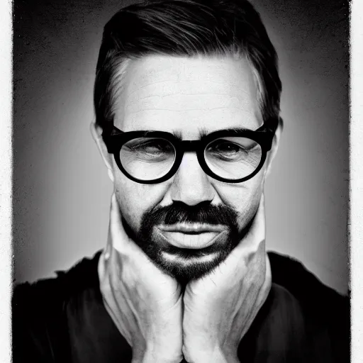 Prompt: tommy ingberg portrait of a monochrome unshaven bespectacled man high definition