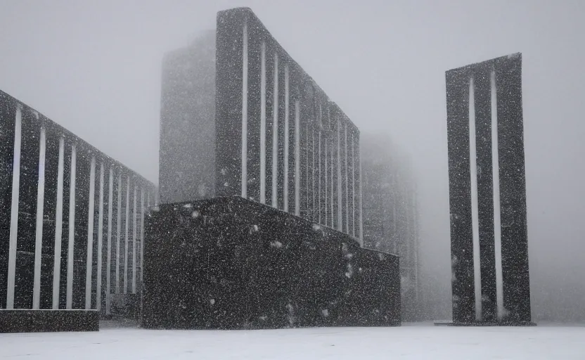 Image similar to snow falling on brutalist high rise buildings, complex ramps, balconies, stairways, white marble statues on pedestals in the background, depth of field, sharp focus, clear focus, beautiful, award winning architecture, le corbusier, frank lloyd wright, snow, fog, mist, hopeful, quiet, calm, serene