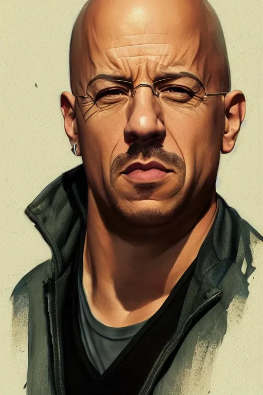 Image similar to vin diesel as walter white, realistic portrait, symmetrical, highly detailed, digital painting, artstation, concept art, smooth, sharp focus, illustration, cinematic lighting, art by artgerm and greg rutkowski and alphonse mucha