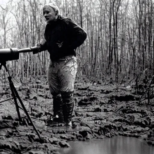 Prompt: cinematic still of sir david attenborough, covered in mud and watching a magnificent predator in the distance with a binocular in 1 9 8 7 movie predator hd, 4 k