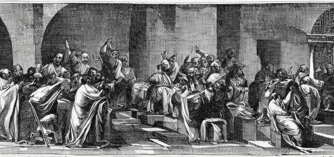 Prompt: origen of alexandria debates with epiphanius of salamis on a presidential debate stage