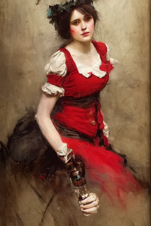 Image similar to Solomon Joseph Solomon and Richard Schmid and Jeremy Lipking victorian genre painting full length portrait painting of a young beautiful woman traditional german barmaid in fantasy costume, red background