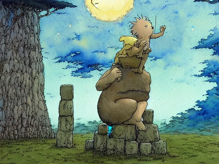 Image similar to a simple watercolor studio ghibli movie still fantasy concept art of a giant monnk sitting in a tiny stonehenge. it is a misty starry night. by rebecca guay, michael kaluta, charles vess