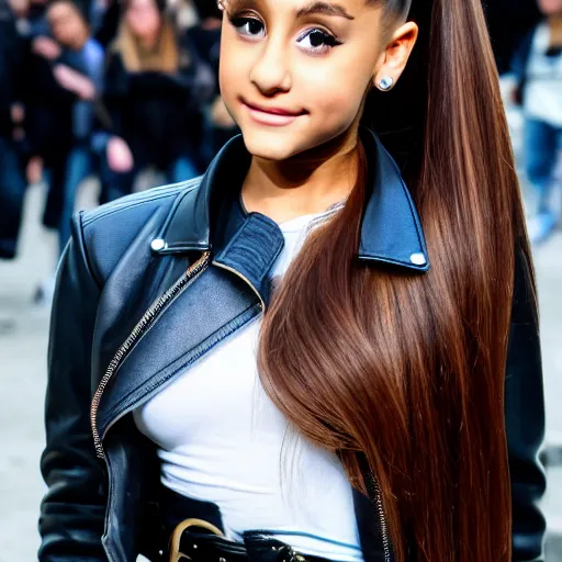 Image similar to young ariana grande wears leather jacket and boots, high quality face, high quality hair, 8k hd, sharp focus, centered, photo taken by nikon