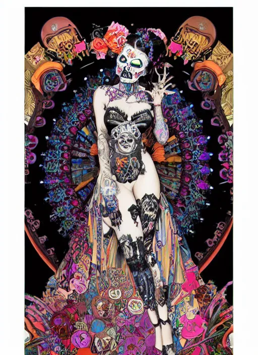 Image similar to cute punk goth fashion fractal Día de los Muertos tattooed girl posing in goth outfit by by Mario Testino, psychedelic poster art of by Victor Moscoso Rick Griffin Alphonse Mucha Gustav Klimt Ayami Kojima Amano Charlie Bowater, masterpiece