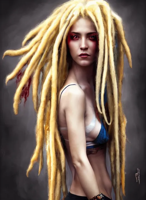 Prompt: photograph of gorgeous woman with half white half red dreadlocks in the style of stefan kostic, realistic, half body shot, sharp focus, 8 k high definition, insanely detailed, intricate, elegant, art by stanley lau and artgerm, foggy backgeound