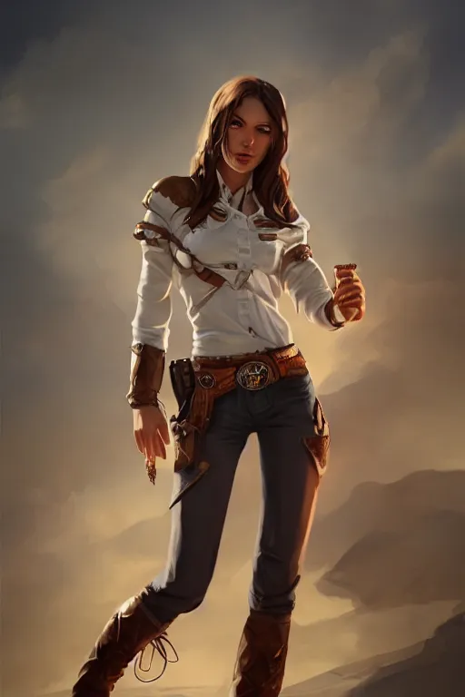 Image similar to full body, female cowgirl, perfect face, white blouse, empty gun holster, 8 k, magic the gathering, desert, d & d, artstation, high detail, smooth, muscular