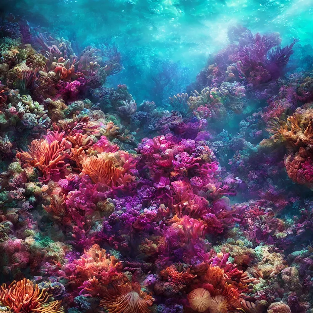 Prompt: intricate alien anemones and coral reef, underwater photography, soft focus, soft lighting, by Pixar, by Alena Aenami