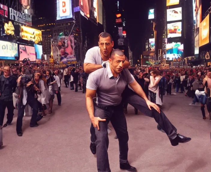 Image similar to The rock piggyback on Adam Sandler on Methamphetamine at Times Square, photograph by Alfred Eisenstaedt, 4K, dramatic lighting; 4K 8K