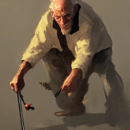 Image similar to old man portrait, he pulling pin is pulling pin of hand grenade,, greg rutkowski art