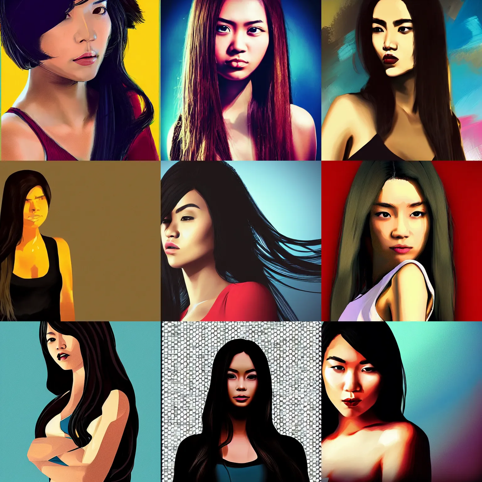 Prompt: gta v style portrait of a young thin beautiful filipino woman with long hair, dramatic lighting, abstract