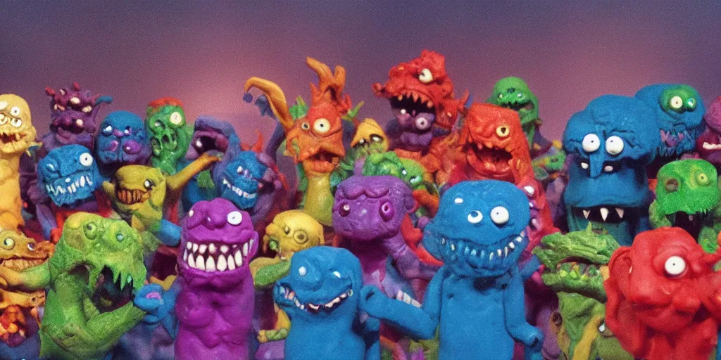 Prompt: giant scary claymation monsters eating eachother and merging into eyeballs and rainbows