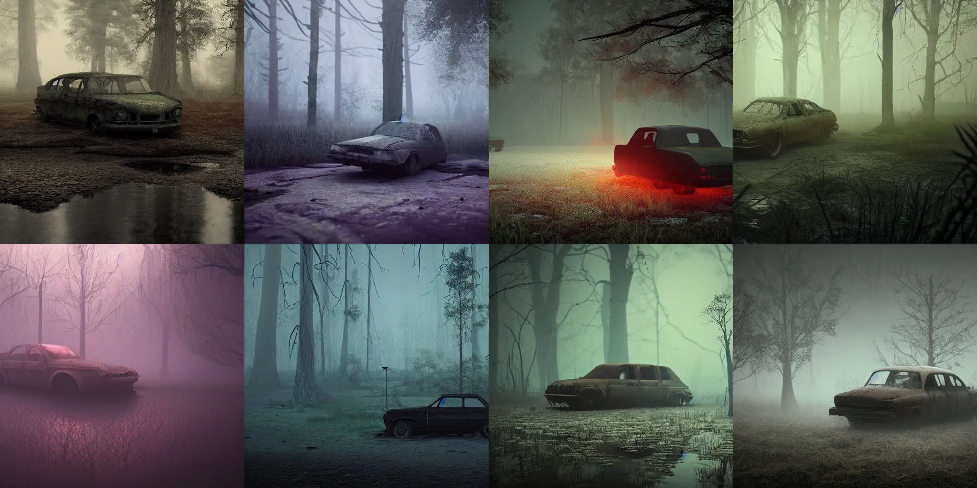 Image similar to beautiful dark creepy foggy swamp landscape, old abandoned car sinking, in the style of beeple and Mike Winkelmann, intricate, epic lighting, cinematic composition, hyper realistic, 8k resolution, unreal engine 5,