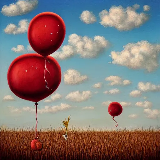 Prompt: grunge painting of a cornfield with a wide smile and a red balloon by chris leib, loony toons style, pennywise style, corpse bride style, horror theme, detailed, elegant, intricate, conceptual, volumetric light