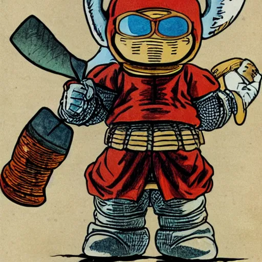 Image similar to original Akira Toriyama character design, medieval knight beaver, holding an enormous sword, sketch, Akira Toriyama style