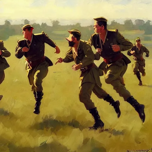 Image similar to greg manchess painting of a group of men running in a field wearing military uniform, painting, trending on artstation, by huang guangjian and gil elvgren and sachin teng