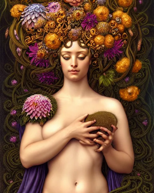 Image similar to portrait of the goddess of flourish and decay, unusual beauty, flowers and plants, emotionally evoking symbolic metaphors, head in focus, fantasy, ornamental, intricate, elegant, sensual, highly detailed digital painting, artstation, concept art, painterly, golden ratio, sharp focus, illustration, art by John William Godward and Boris Vallejo and Zdzisław Beksiński,