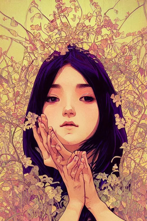 Prompt: A beautiful girl who is praying,centered face, intricate complexity, rule of thirds, face by Artgerm, character concept, dramatic lighting, complementary colors,in the style of Thomas River and ilya kuvshinov,alphonse mucha, Miho Hirano, beautiful detailed illustration,shot on 70mm.