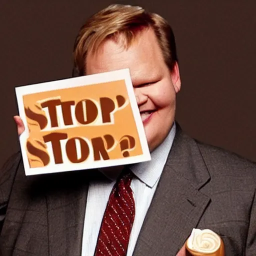 Image similar to Andy Richter is wearing a chocolate brown suit and necktie, holding a sign that reads Stop making these images of me of I WILL tell Conan!! Andy has a stern look on his face