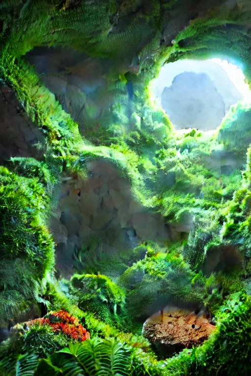 Prompt: a ultra - realistic massive volume cave : 5, ; bright coloured natural flowers and ferns : 1 ; miniature futuristic city : 3 ; open plains : 2, mysterious clouds : 2, highly symmetrical, a pterodactyl flying in a huge perfect glass sphere, octane render hd, 4 k, ultra - realistic, in unreal engine, trending on artstation, concept art