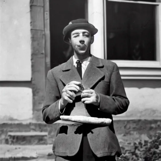 Image similar to a frenchman with a baguette and a bottle of wine in 1 9 5 0