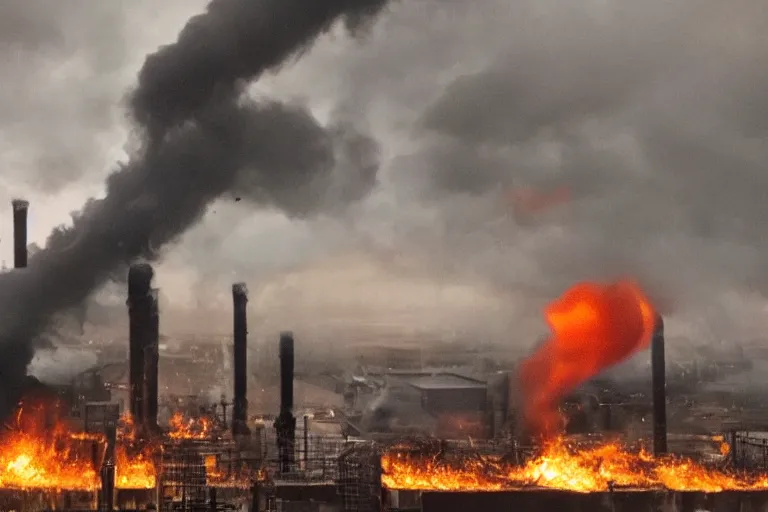 Image similar to a gloomy dystopian industrial complex belching smoke and fire
