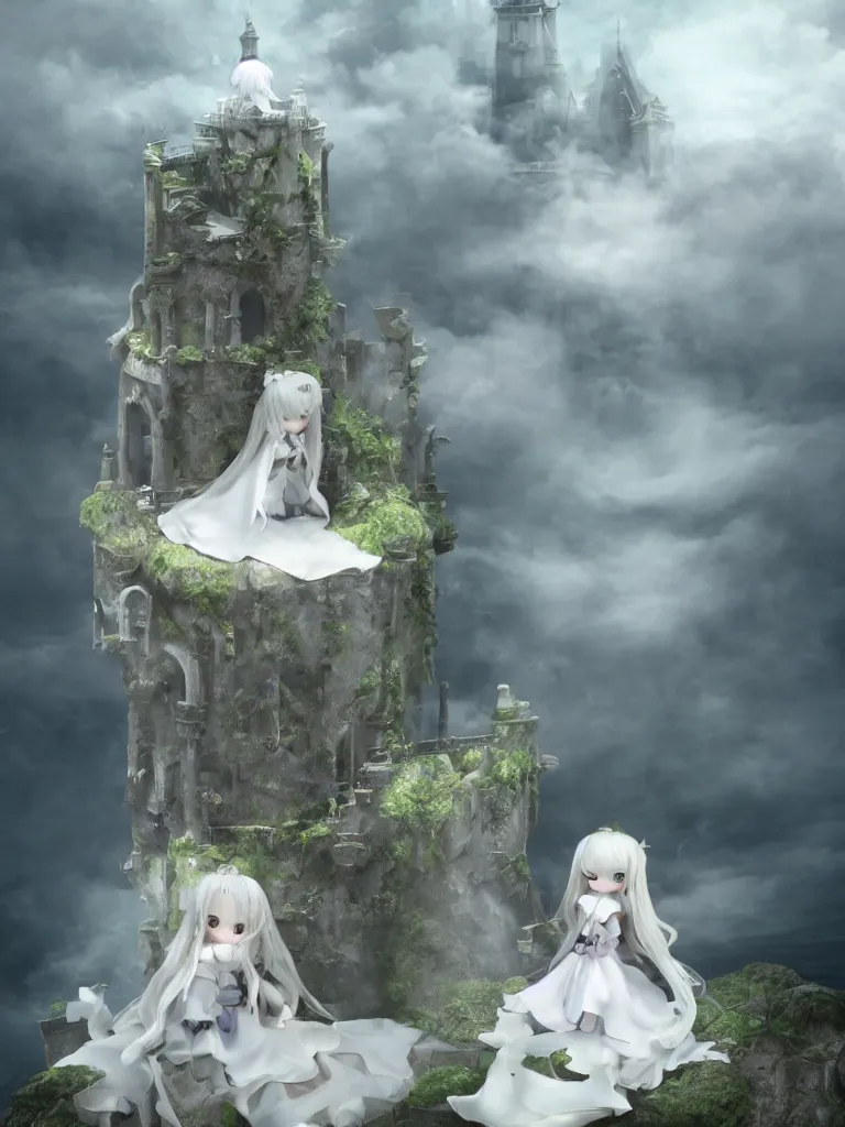 Prompt: cute fumo plush of a princess girl in a tower on a tiny island which she lays sole claim to, selfish empress of the abyss, tempestuous waters, wisps of volumetric smoke and fog, gothic wraith maiden in tattered white dress, floating island, vignette, vray