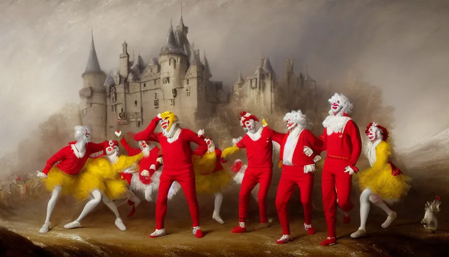 Image similar to highly detailed painting of a group of ronald mcdonalds with red afros, white facepaint, red noses and yellow tracksuits dancing outside a pink snowy scottish castle by william turner, by greg rutkowski, by william constable, thick brush strokes and visible paint layers, 4 k resolution