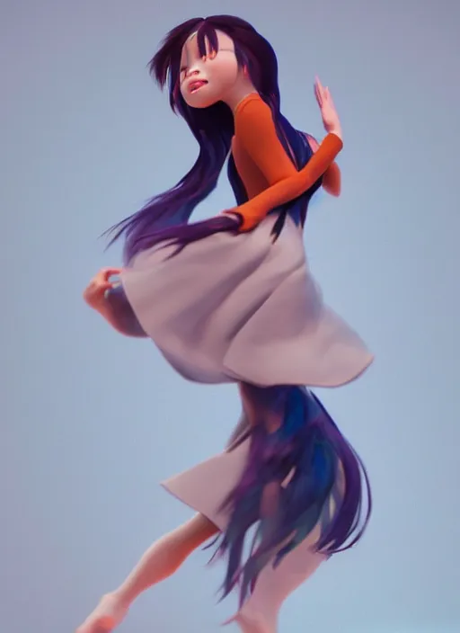 Image similar to a cute asian girl dancing, flowing hair in the style of pixar animation, full body shot, viewed from bellow, award winning, hyper detailed, studio lighting, artstation, octane renderer, unreal engine