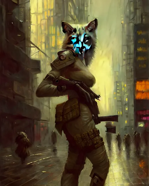 Prompt: beautiful portrait of an attractive white anthro wolf female soldier smoking a cigarette in a bustling crowd of a rainy city street, cyberpunk, wearing tactical gear, female fursona, 4 k, trending on artstation, by gaston bussiere, craig mullins, artgerm, greg rutkowski, alphonse mucha