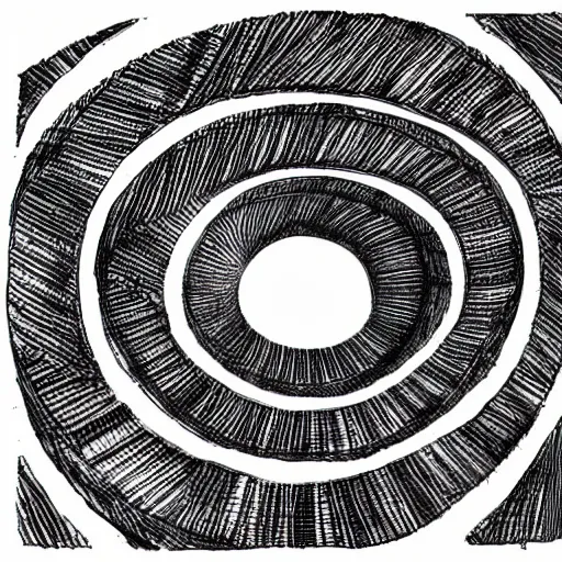 Image similar to an infinite spiral, micron pen drawing, black ink, brutalist