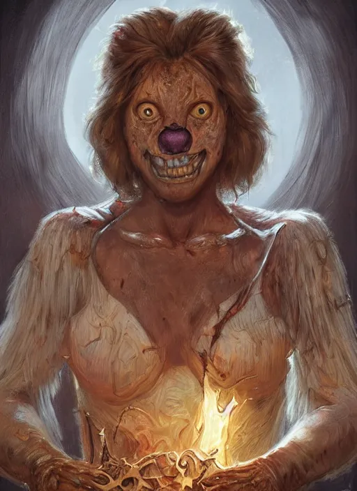 Prompt: portrait of Care Bear from Evil Dead (2013), intricate, highly detailed, centered, digital painting, artstation, concept art, smooth, sharp focus, illustration, artgerm, donato giancola, Joseph Christian Leyendecker, WLOP, Artgerm