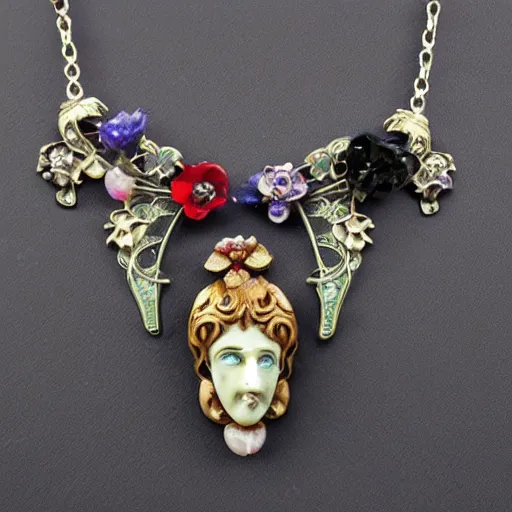 Prompt: beautiful artnouveau style necklace made of the face of a demoness and vampiress showing love with gem flowers in the style of René lalique