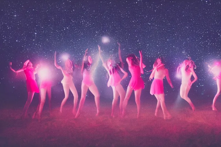 Image similar to blured shadows of dancing young women on pink light, close-up, focused background blue night sky with stars and orange campfire, polaroid photo