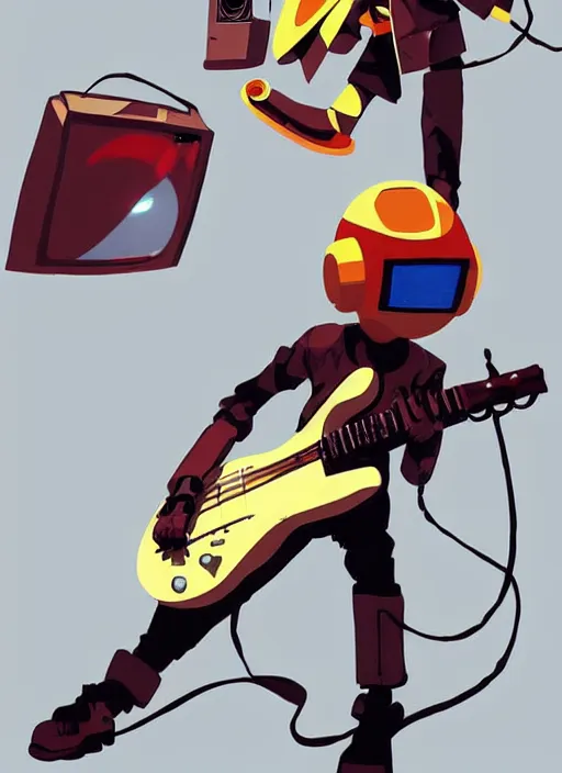 Prompt: canti, flcl, a robot playing a bass guitar with a crt tv crt tv crt tv head and a bomber bomber bomber jacket!!!!!!! by daniel gerhartz and satoshi kon, character concept art, trending on artstation