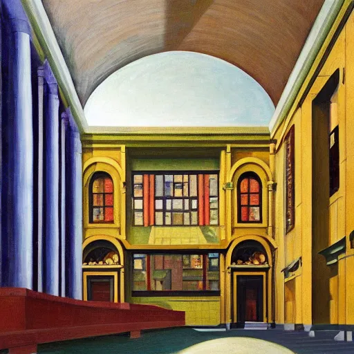 Image similar to grandiose atrium on coruscant, grant wood, pj crook, edward hopper, oil on canvas