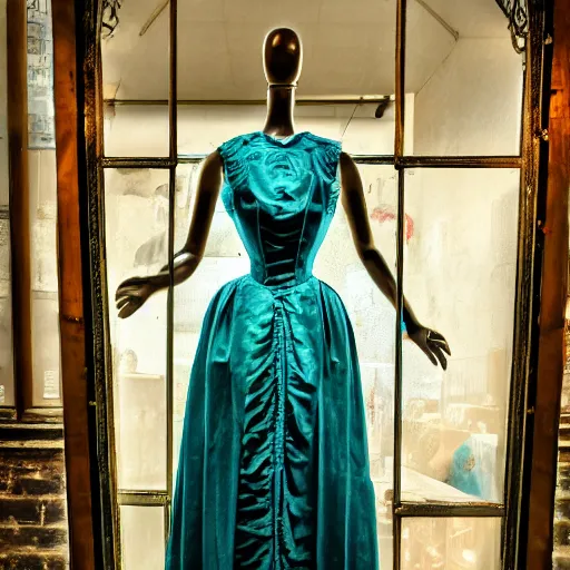 Prompt: victorian era turquoise dress on a manikin, trafalgar dress shop frontage, through the window, cobbled laneway, ambient lighting, cinematic quality, high octane, vray render, subsurface scatter, drum scanner intricate complexity, golden ratio, kojima, amano, charlie bowater museum piece, fine art