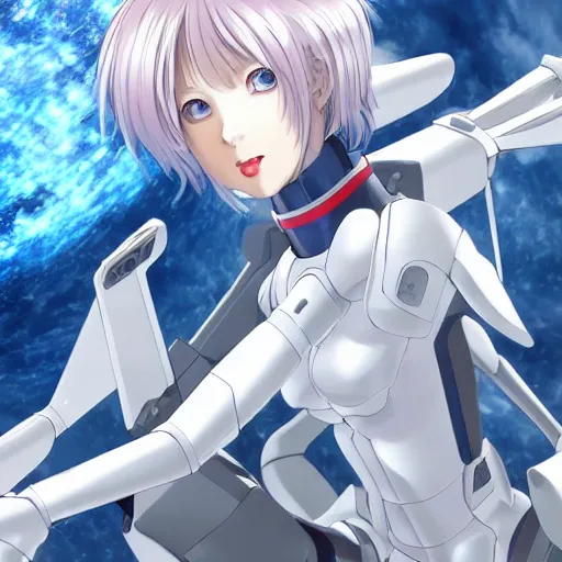 Image similar to This is a digital art piece by Yoshiyuki Sadamoto that is trending on artstation. It is a 8K UHD image of Rei Ayanami, a female anime character, inside a space station with technological rings. She is shot from the ground by Yoshiyuki Sadamoto. The environment is a concept design and the art is hyper realistic with intricate details.