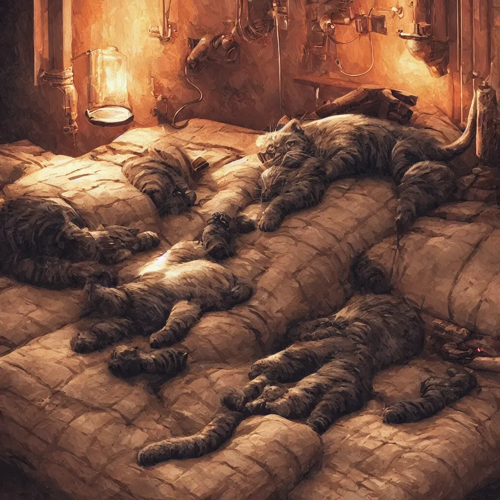 Prompt: cat character laying on bed, wood carved bed, darth vader as cat waiter, cute cat, cyber punk cat, big cat, super powers, concept art, by greg rutkowski, old copper pipes, complementing colors