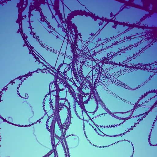 Image similar to a nebula of jellyfishes with barbed wire tentacles