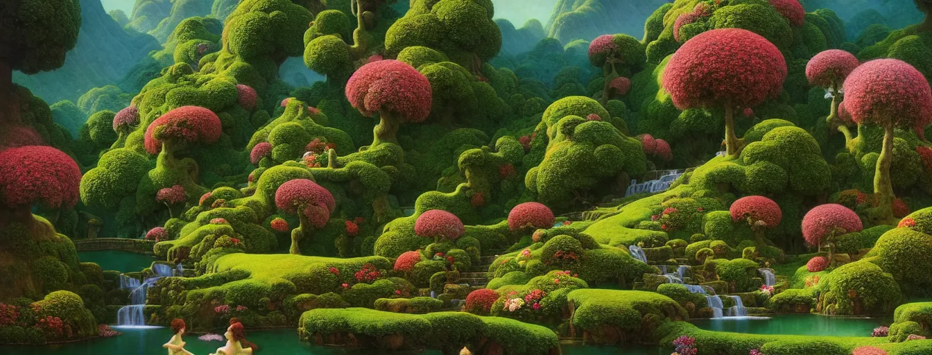 Image similar to a gorgeous very early spring series of lush islands separated by flower - lined streams, twisted gardens, flower paths with stone steps, painting by barlowe wayne maxfield parrish and marco mazzoni. tree no leaf!!!! china mountain village!! very little light verdancy. ultra clear detailed. 3 d, octane render. turbulent blood lake.