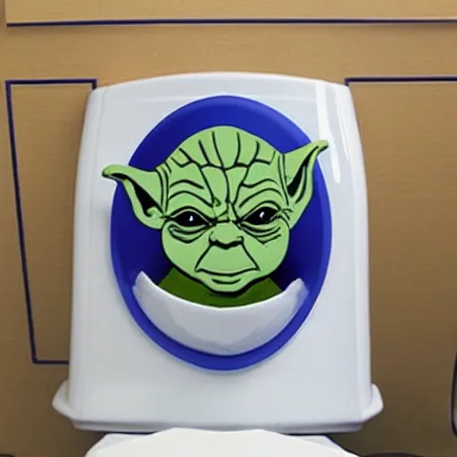 Prompt: toilet with angry facial expression, used by yoda