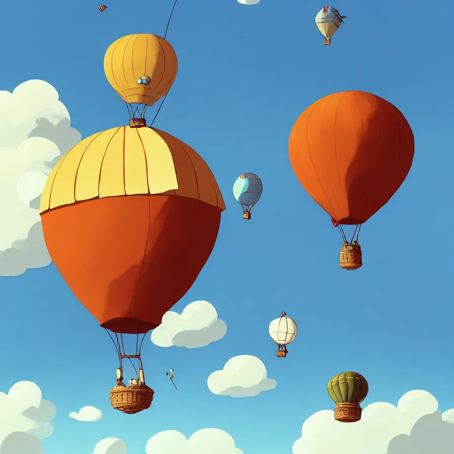 Prompt: Goro Fujita illustrating A hot air balloon streaking across the sky and through the fluffy clouds of a sky full of blue contrasts., art by Goro Fujita, concept art, sharp focus, ArtStation