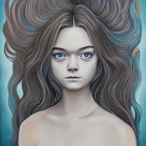 Image similar to professional painting of Elle Fanning in the style of Uzumaki, head and shoulders portrait, symmetrical facial features, smooth, sharp focus, illustration, intricate, stormy weather, extremely detailed masterpiece,