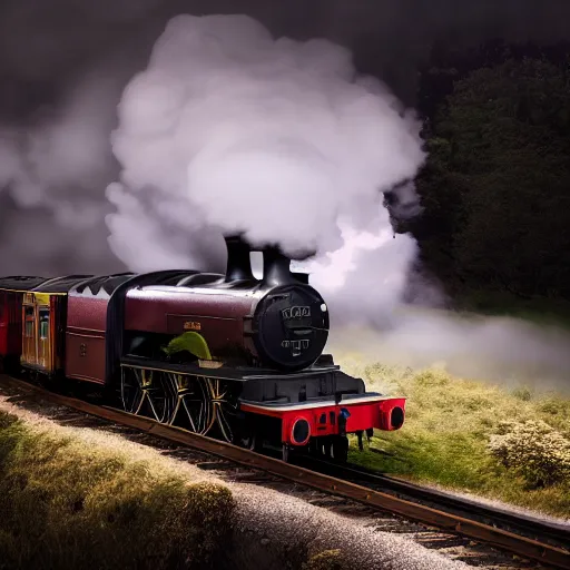 Image similar to the hogwarts express jacobite steam train, the train is coming at the camera, behind the train is a epicly lit cloud, loads of steam, dramatic light, night scene, greg rutkowski, zabrocki, karlkka, jayison devadas, trending on artstation, 8 k, ultra wide angle, zenith view, pincushion lens effect