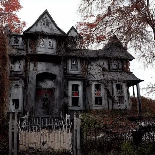 Image similar to A spooky haunted house, with ghosts and ghouls lurking around every corner, in a Halloween style.