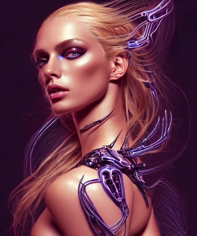 Image similar to Supermodel woman turning into an Android portrait, dark surrealism , scifi, intricate, elegant, sharp eyebrows, ornate long flowing blonde hair, highly detailed cybernetic body, neon glowing eyes, digital painting, artstation, concept art, smooth, sharp focus, illustration, art by artgerm and moebius and alphonse mucha